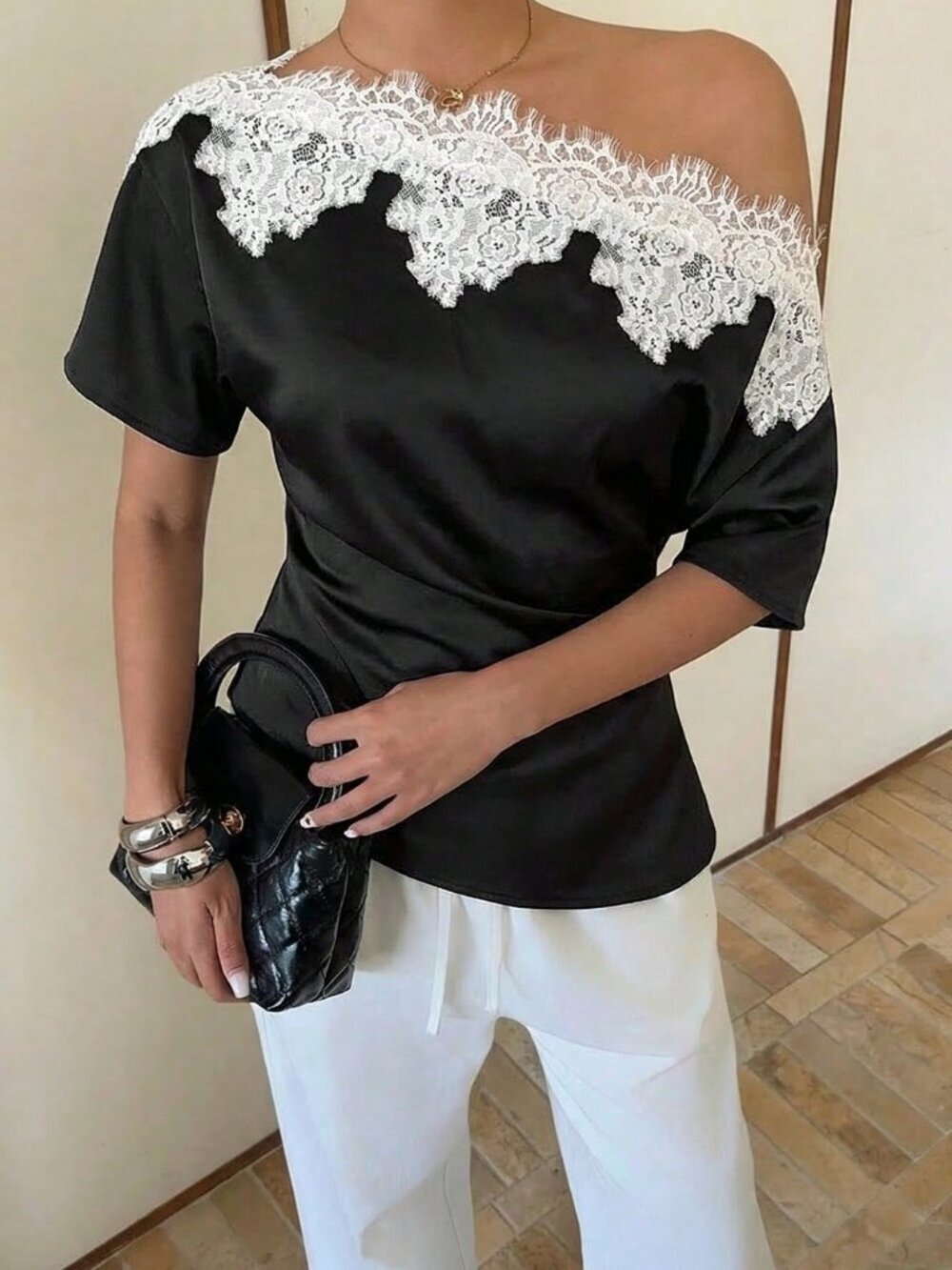 Black Casual Women's Lace Patchwork Satin Blouse Asymmetrical Shoulder Neckline